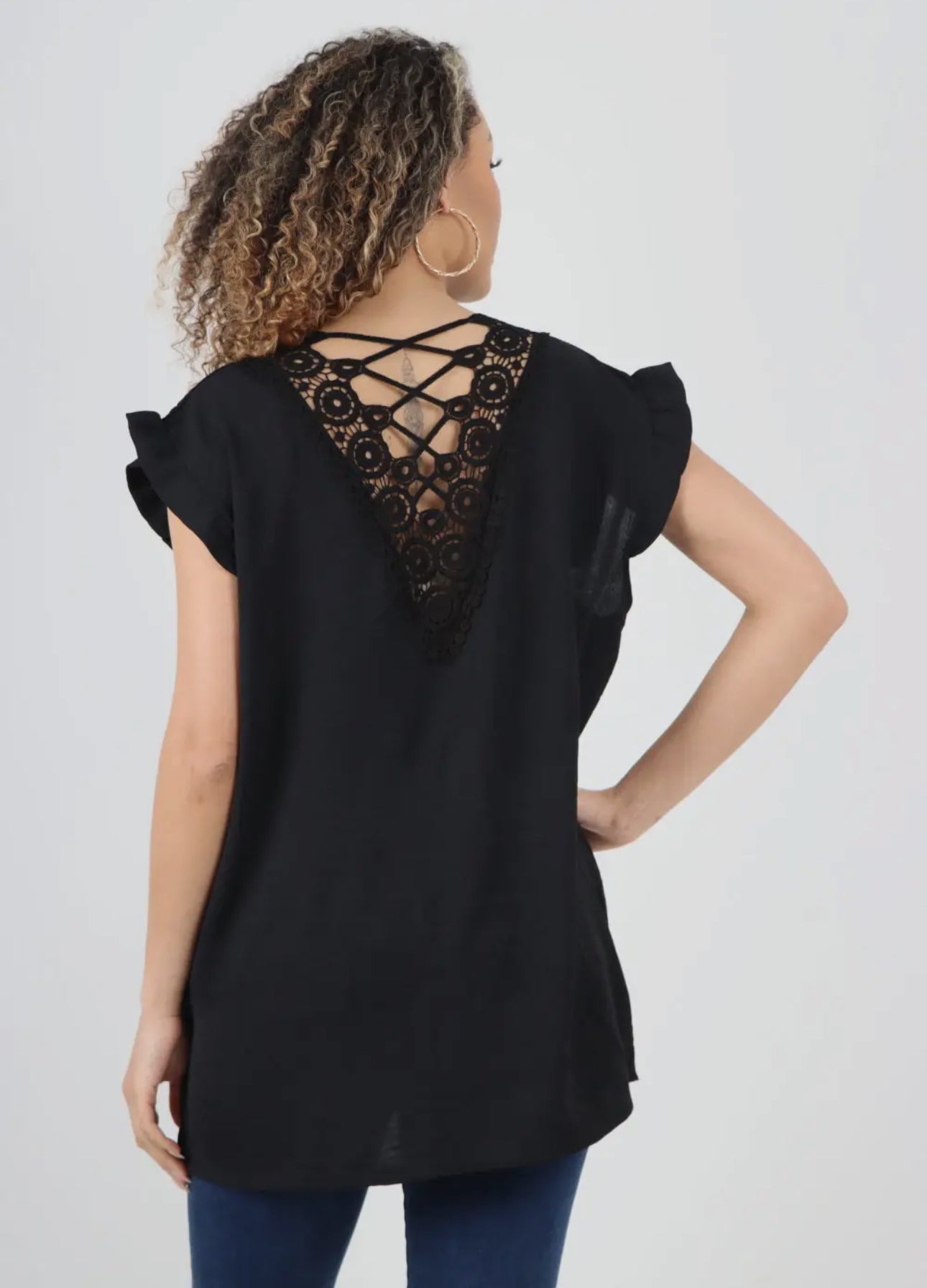Italian Navy Cap Sleeve Top with pretty lace detail on the back