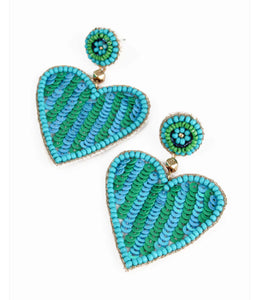 GREEN & TURQUOISE STRIPE BEADED HEART EARRINGS