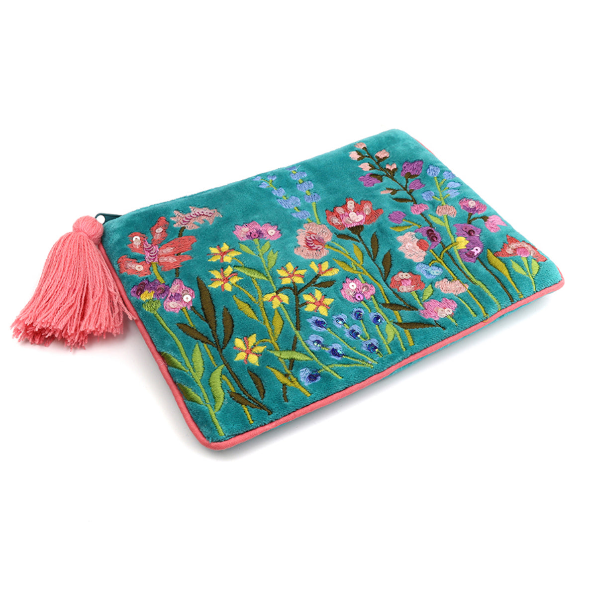 Turquoise velvet floral embellished zip purse