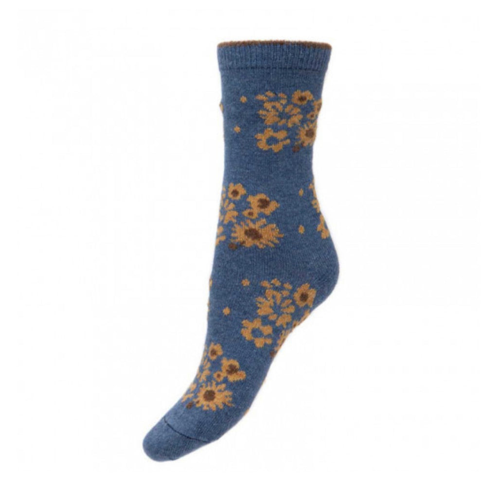 Blue Wool Blend Socks with Sunflowers WS450