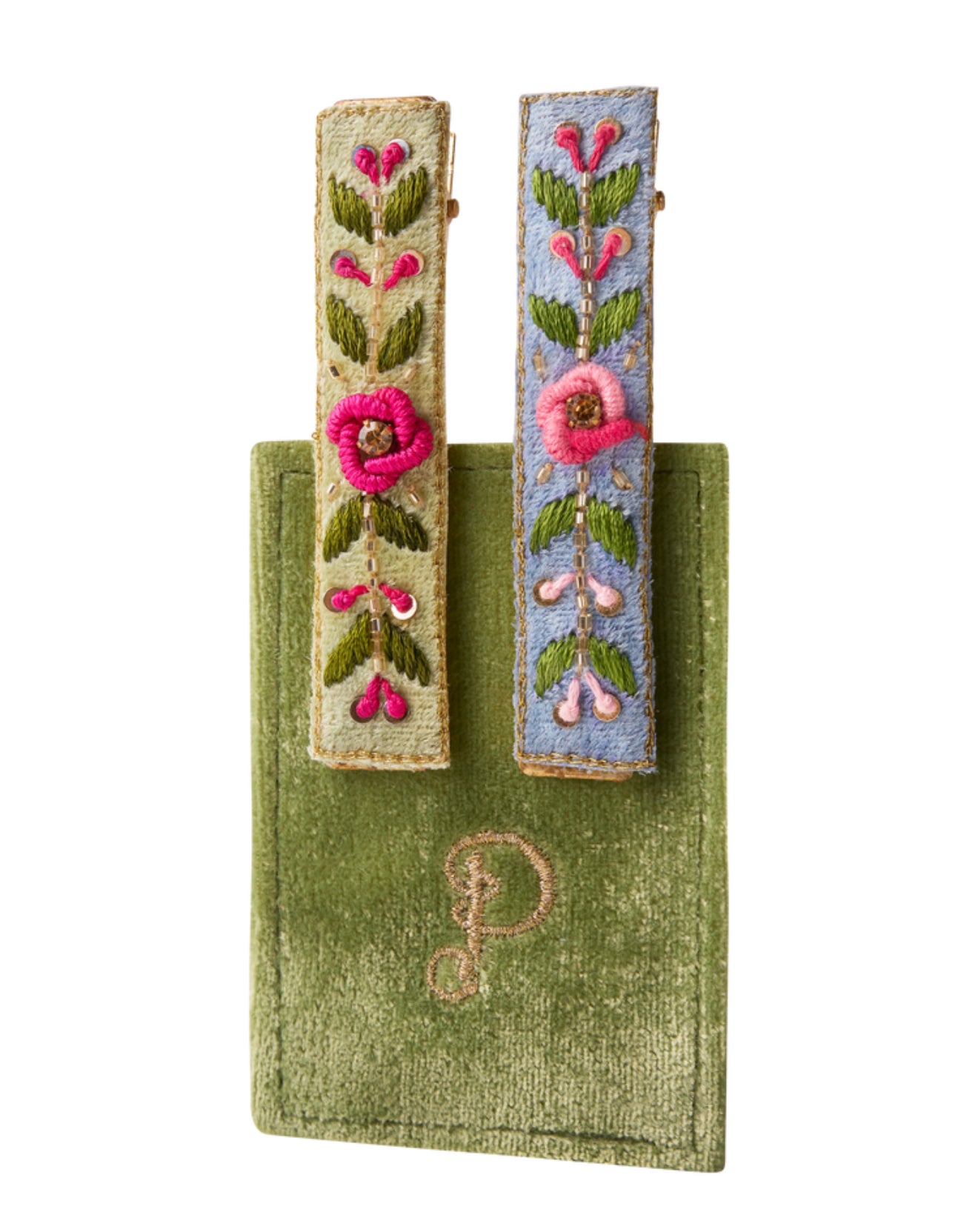 EMBROIDERED HAIR BARS -MINT/CORNFLOWER FLORAL VINES