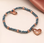 Rose gold and blue bead bracelet with rose gold heart 3261