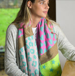 Reversible green mix star, heart and leopard scarf with fringe