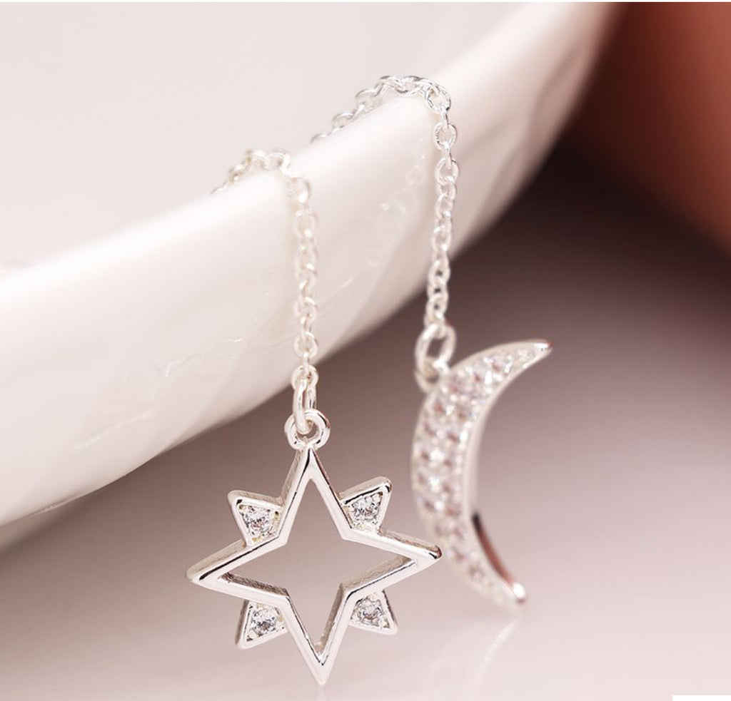 Silver plated crystal moon and star chain drop earrings 4019