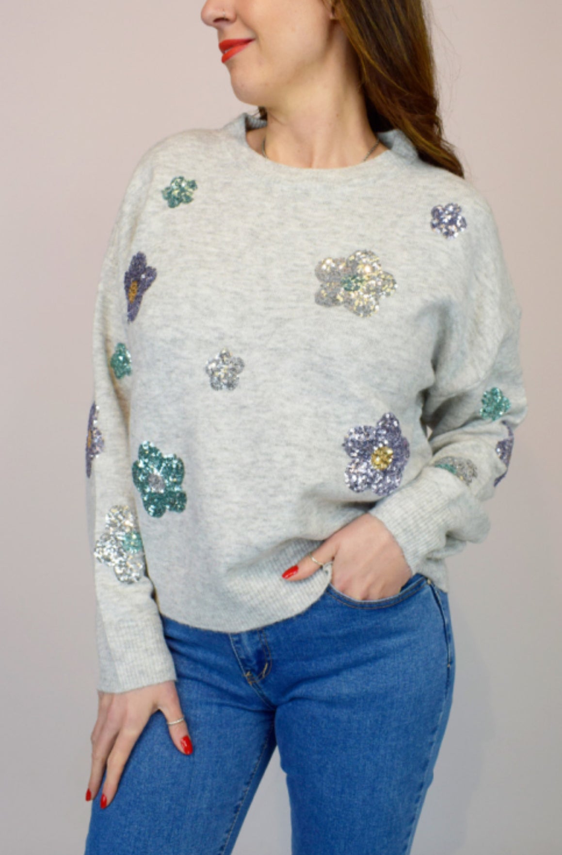 Sequin Flower Soft Knit Jumper