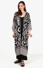 Ikat Print Long Kimono Robe with Waist Belt in Black