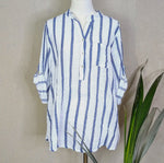 Collarless Half Button Down
Cotton Shirt with Medium
Stripes