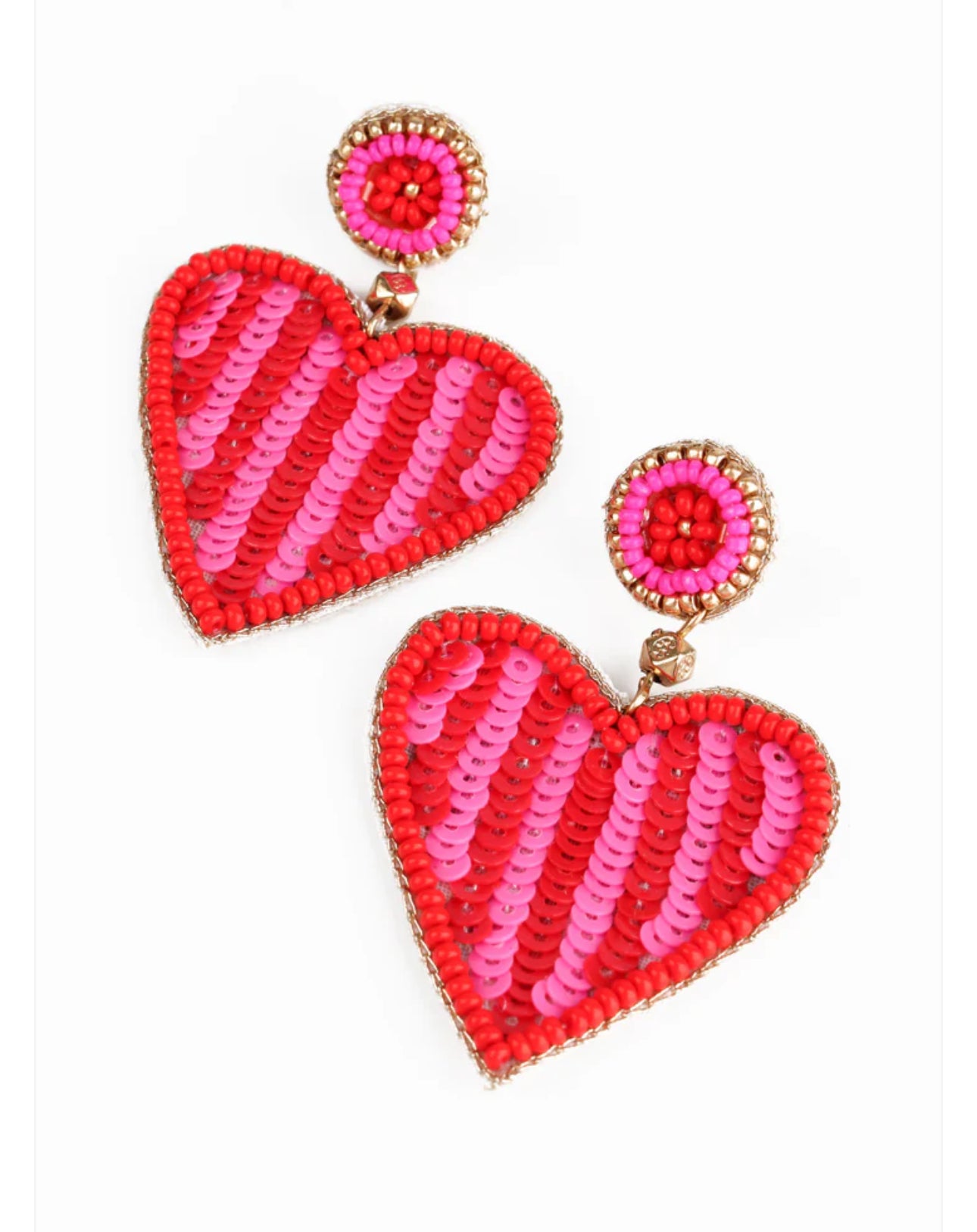 PINK & RED STRIPE BEADED HEART EARRINGS