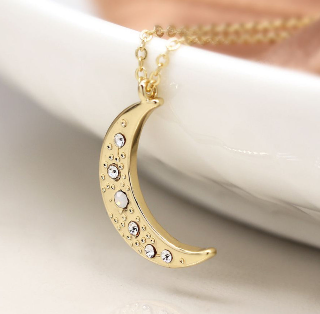 Faux gold plated crystal inset crescent moon necklace 4136