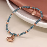 Rose gold and blue bead bracelet with rose gold heart 3261