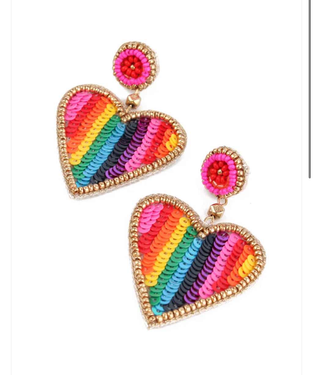 RAINBOW STRIPE BEADED HEART EARRINGS