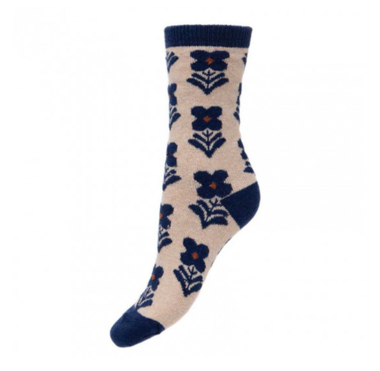 Cream Wool Blend Socks with Blue Flowers WS432