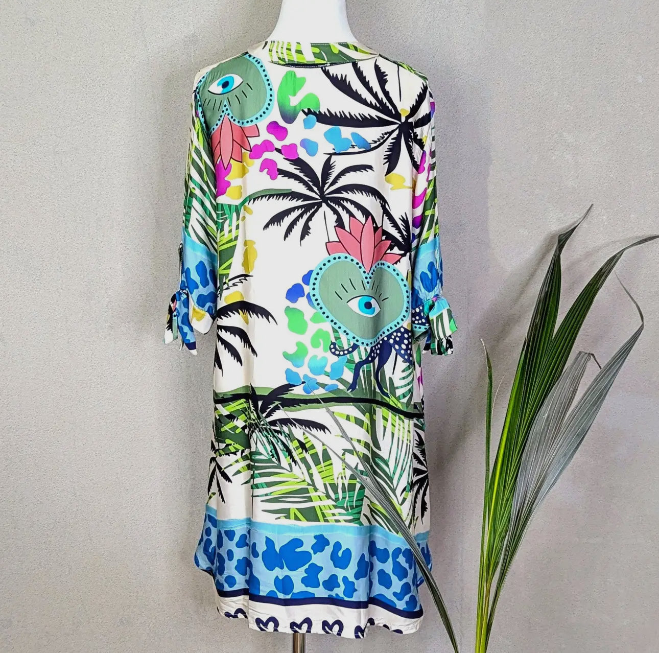 Satin Feel Palms, Eyes and Animal Fusion Print Half Button Down Dress with Pockets (M-L)