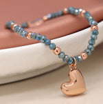 Rose gold and blue bead bracelet with rose gold heart 3261