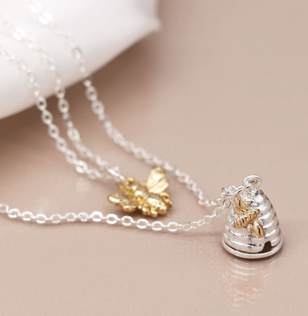 Silver Plated Layered Honey Bee And Beehive Necklace 2964