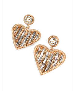 SILVER & GOLD STRIPE BEADED HEART EARRINGS