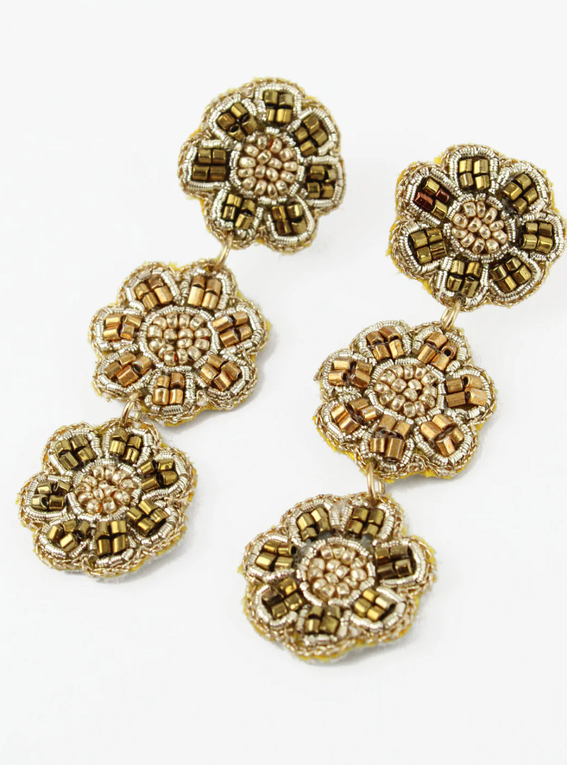 3 DROP FOLK GOLD FLORAL EARRINGS