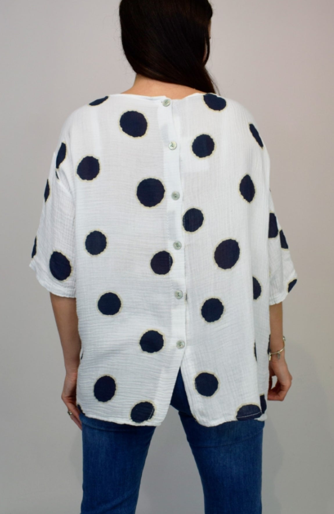 White with Navy Spot button back Top