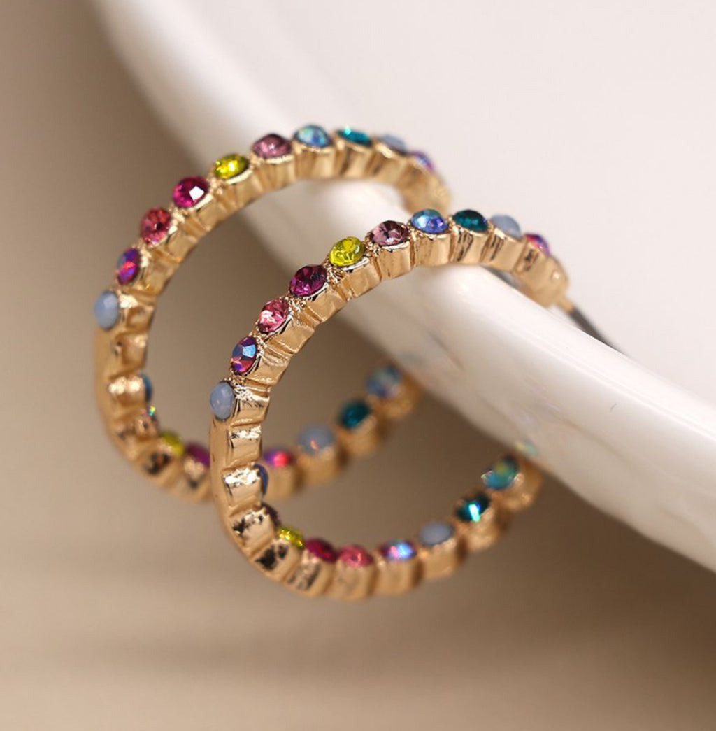Golden multicoloured crystal inset open hoop earrings 3865