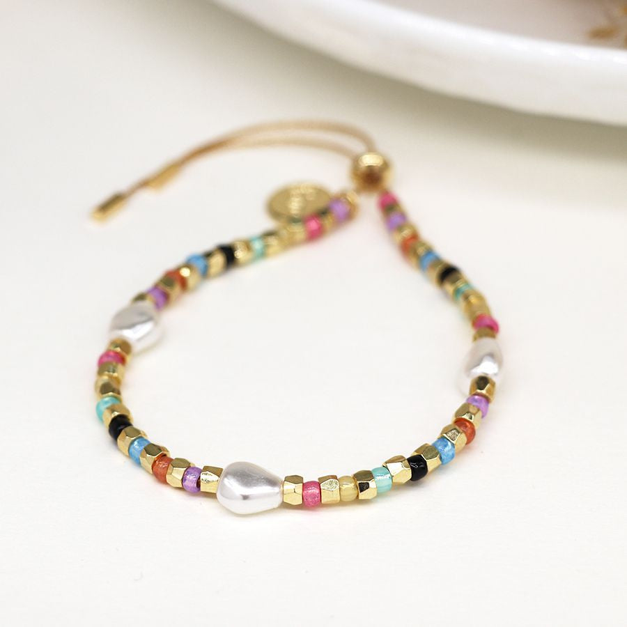 Multicolour glass bead, gold and pearl bracelet 4001