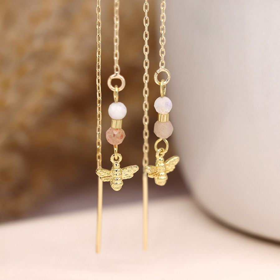 Semi precious bead, golden bee and chain earrings 4003