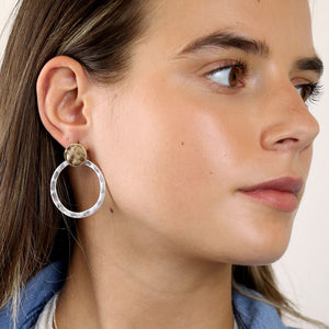 Golden organic disc and silver plated hoop earrings