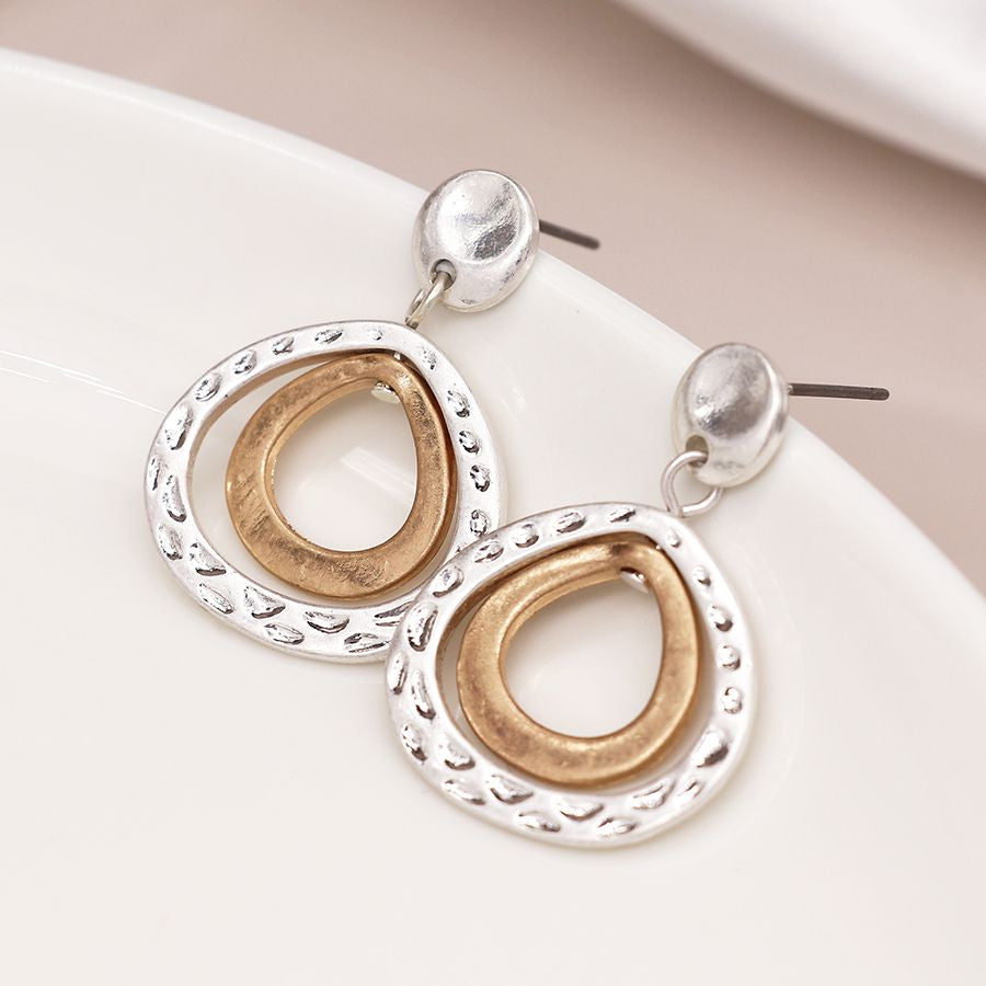 Silver plated and golden double teardrop stud earrings