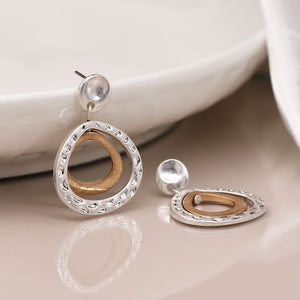 Silver plated and golden double teardrop stud earrings