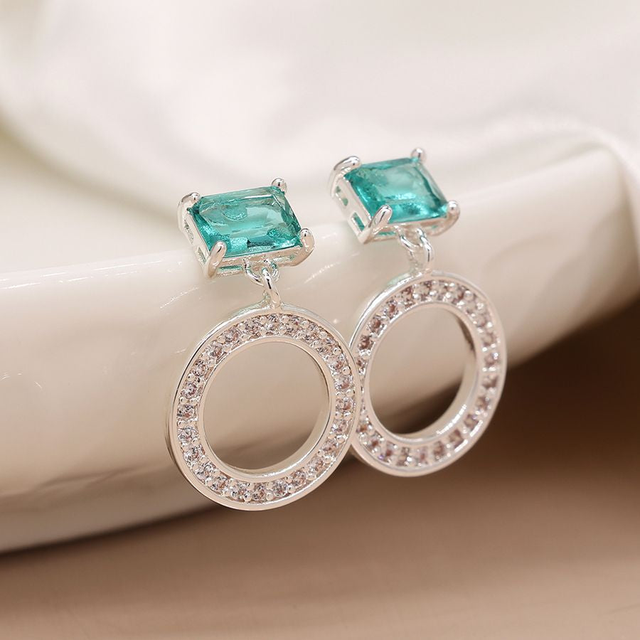 Silver plated crystal circle and aqua crystal earrings