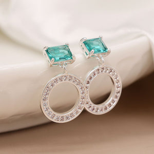 Silver plated crystal circle and aqua crystal earrings