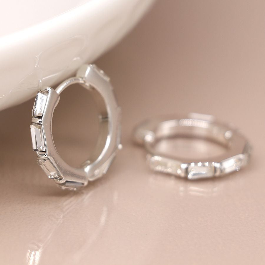 Silver plated oblong crystal set hoop earrings