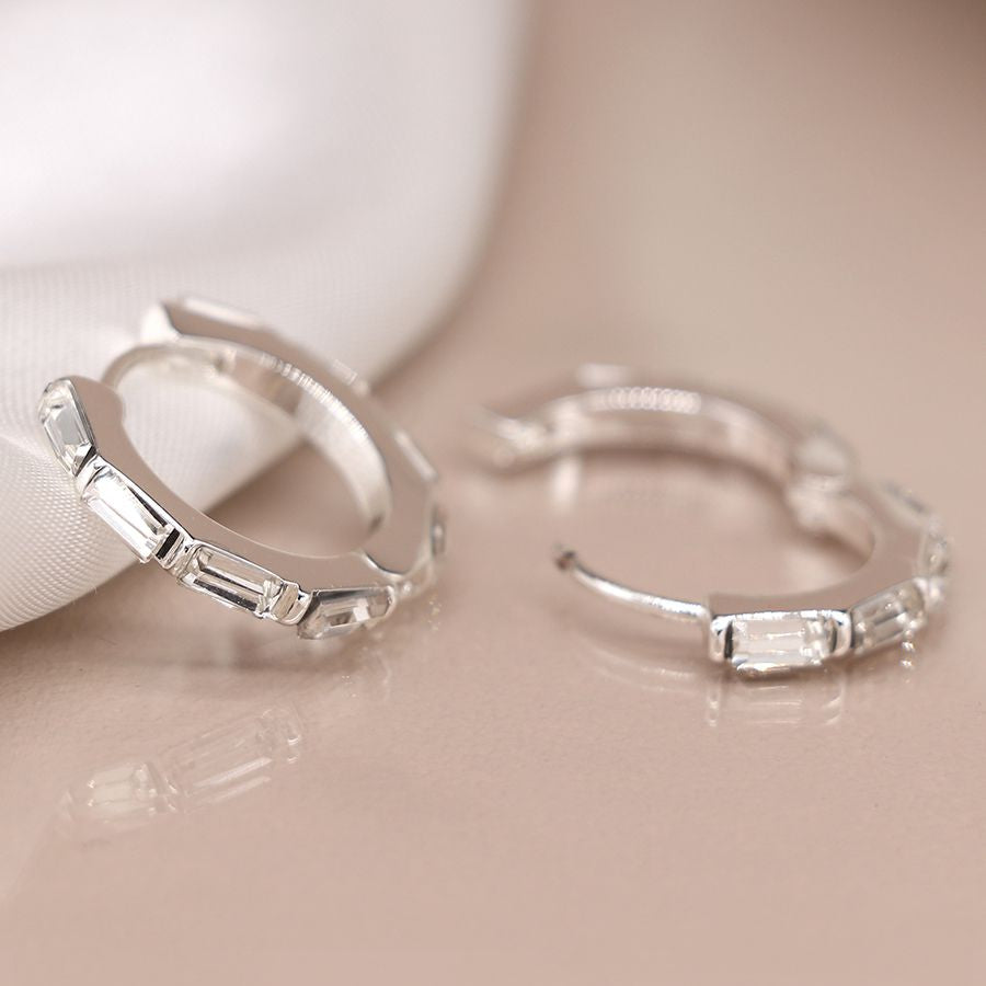 Silver plated oblong crystal set hoop earrings