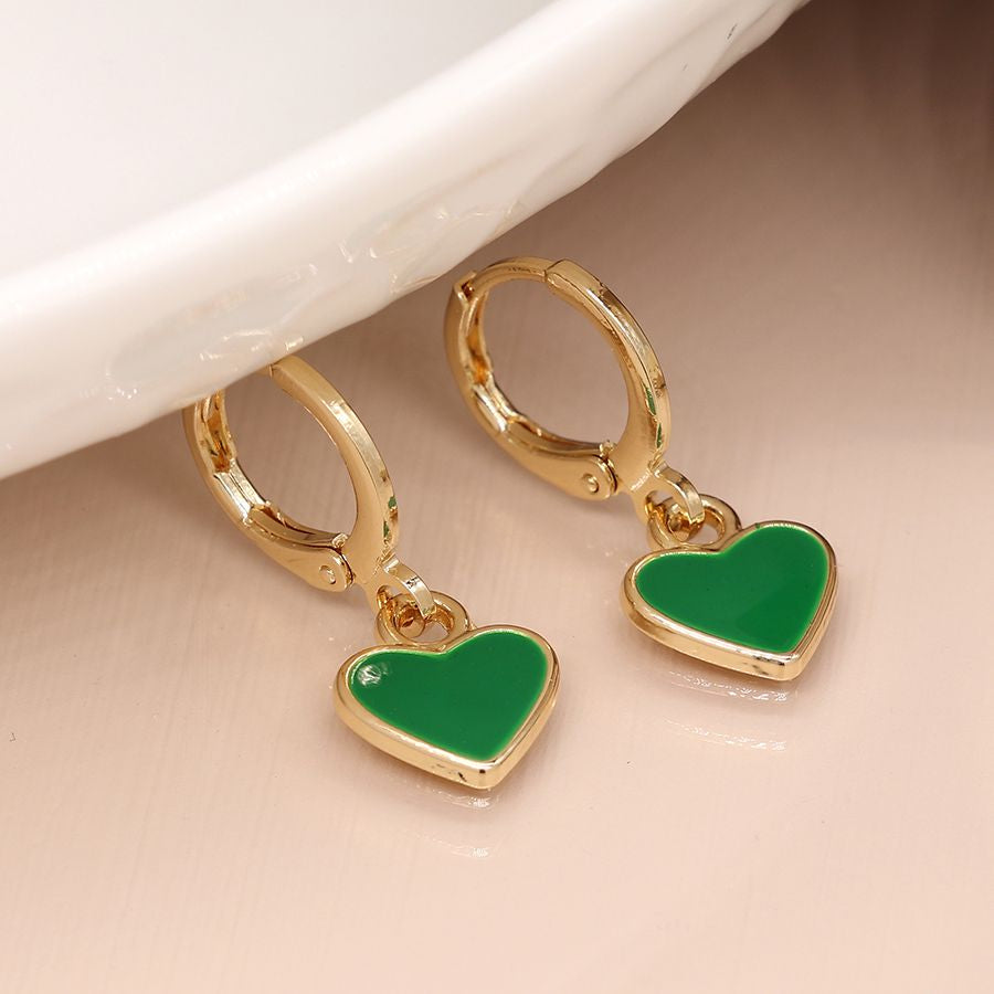 Golden mini hoop and green heart drop earrings