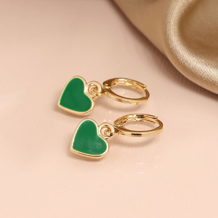 Golden mini hoop and green heart drop earrings