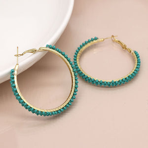 Golden and aqua bead large hoop earrings