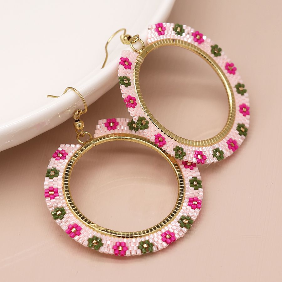 Pink mix beaded flower hoop drop earrings