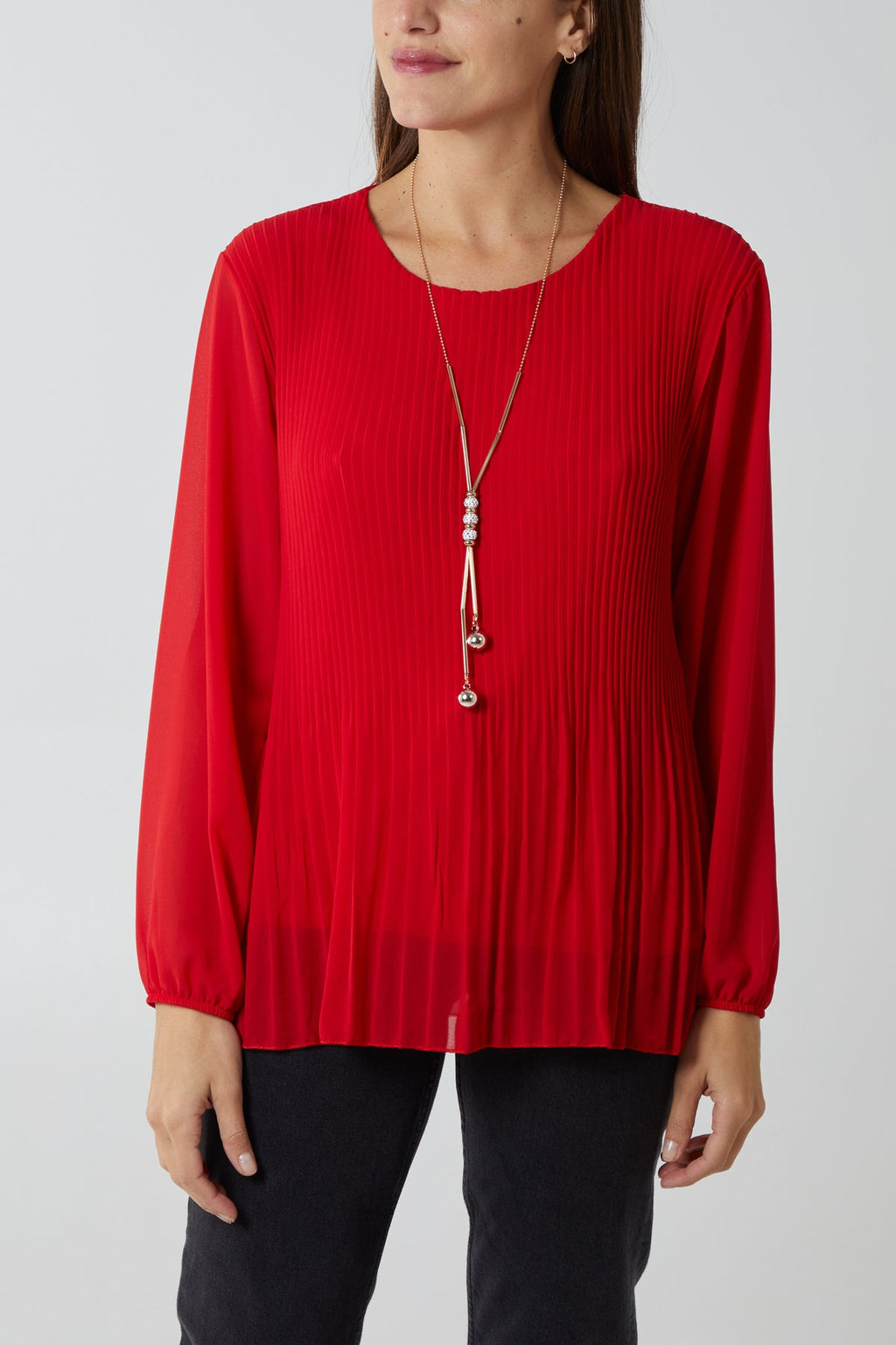 PLEATED LONG SLEEVE NECKLACE TOP