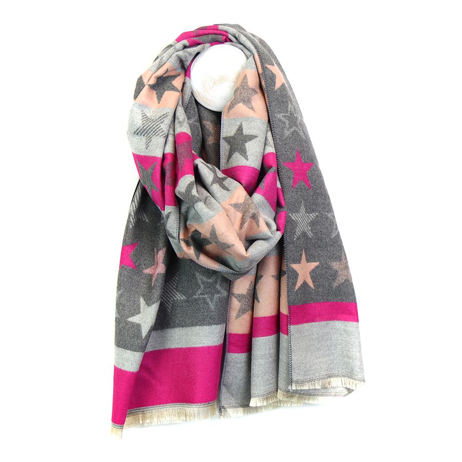 Pink and grey mix reversible star stripe scarf