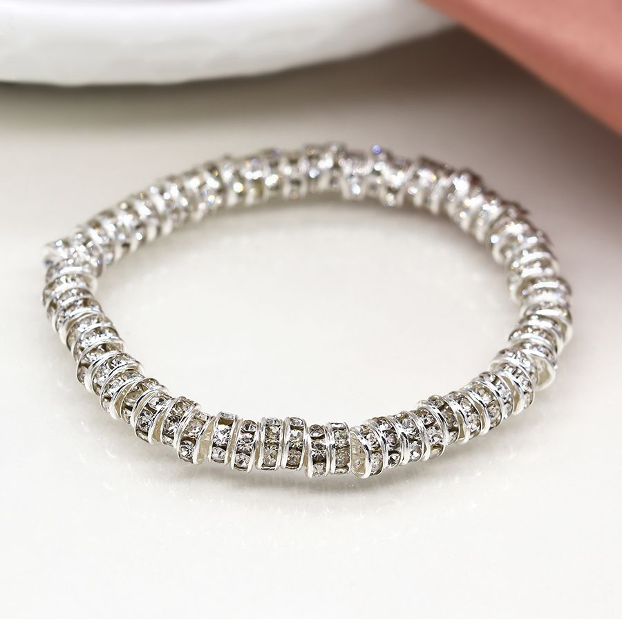 Silver plated and crystal edged disc bead stretch bracelet 4181