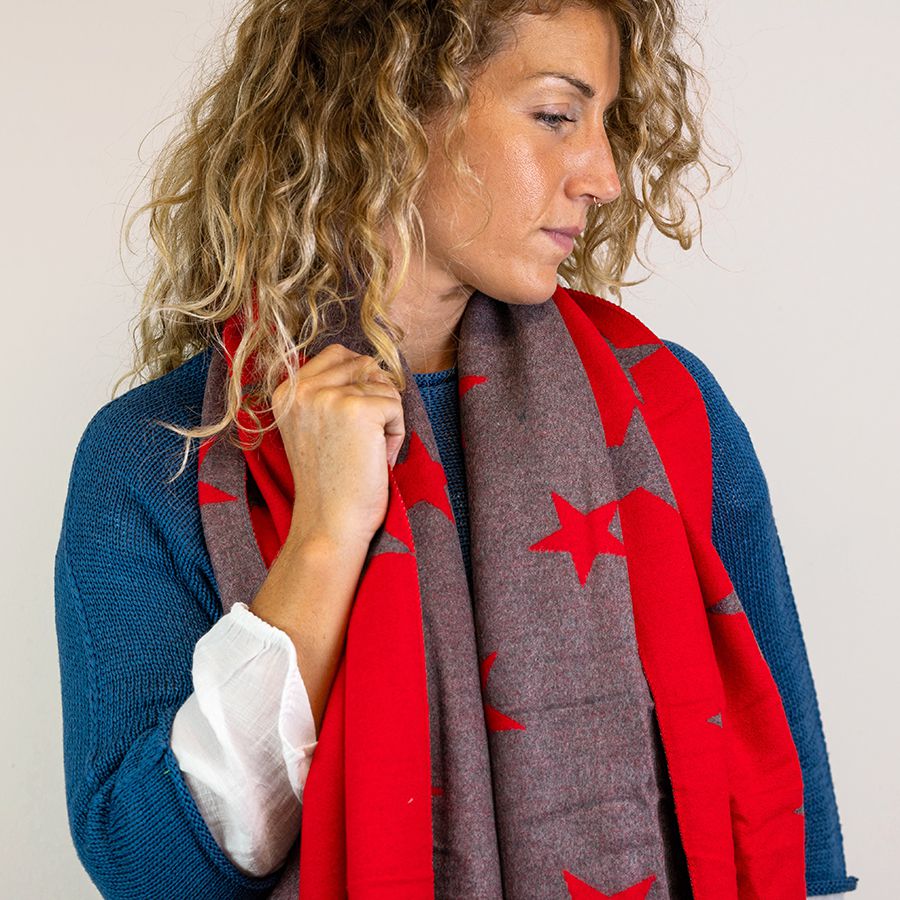 Vibrant red and grey reversible star scarf