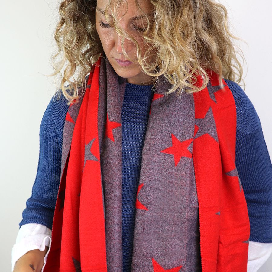Vibrant red and grey reversible star scarf 52516