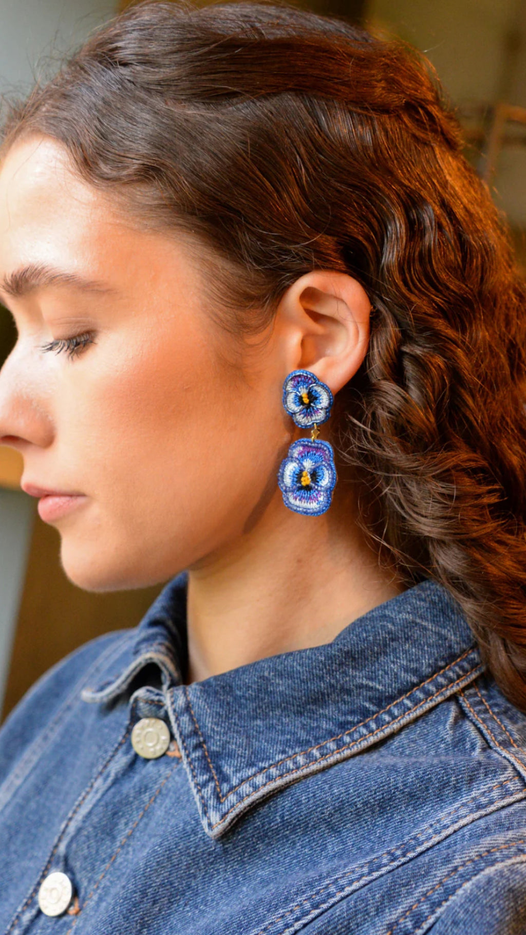 DOUBLE BLUE PANSY BEADED FLOWER EARRINGS