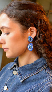 DOUBLE BLUE PANSY BEADED FLOWER EARRINGS