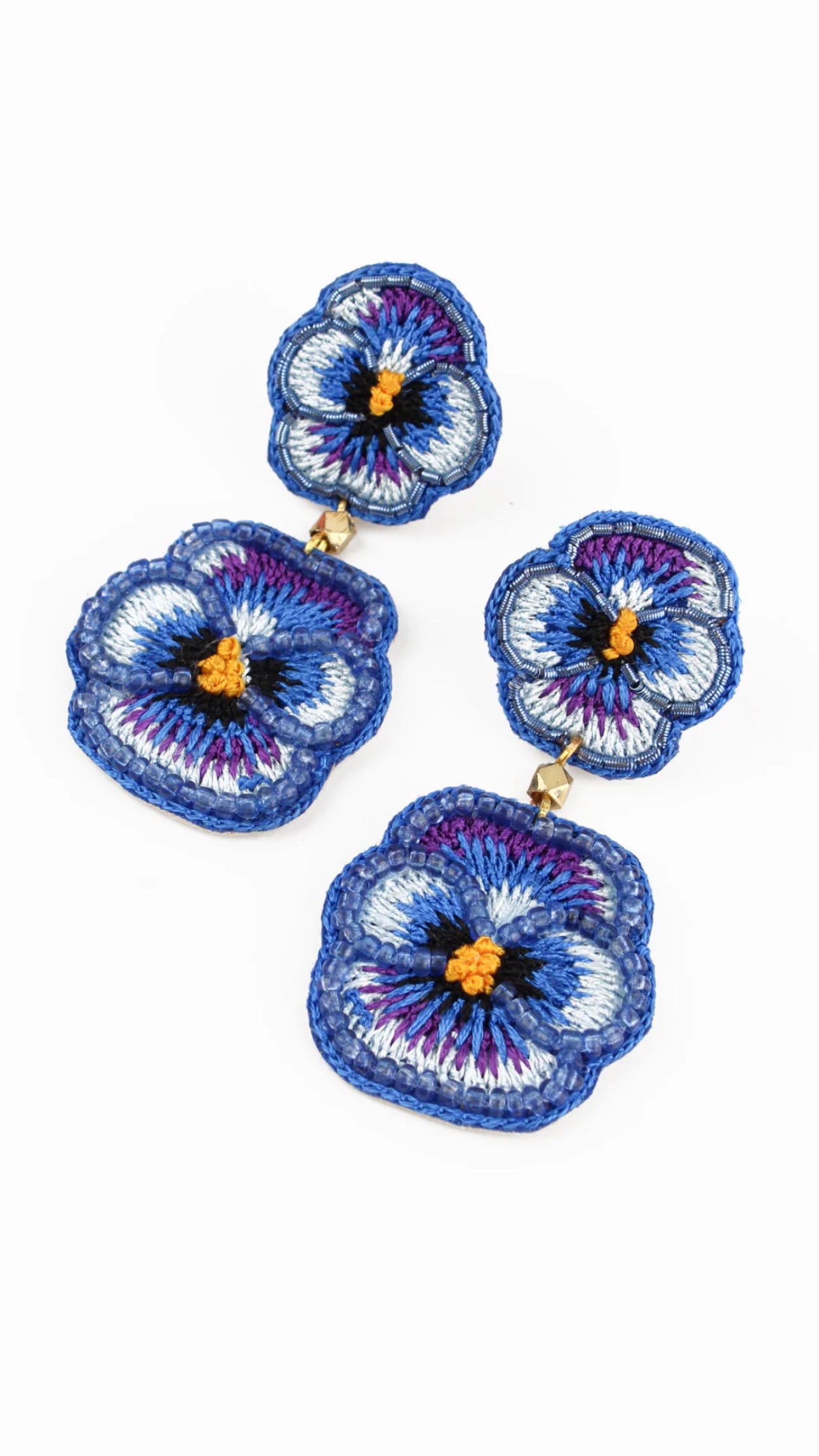 DOUBLE BLUE PANSY BEADED FLOWER EARRINGS