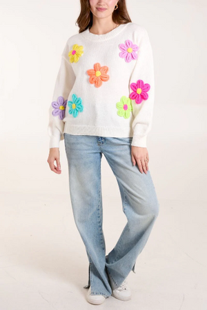 KNITTED FLOWERS CREW NECK JUMPER