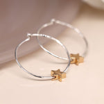 Silver plated organic hoop and golden star earrings 3921