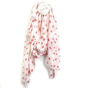 White scarf with coral pink star print