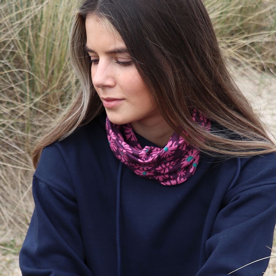 Berry and pink flower print multiway cotton snood