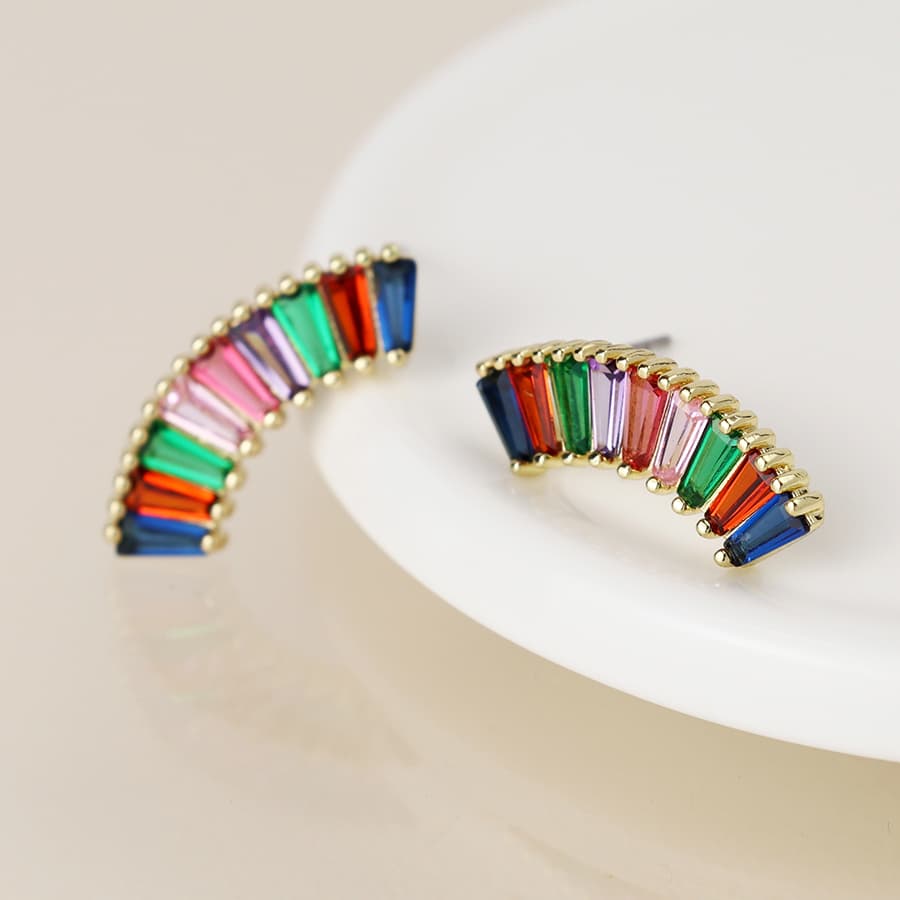 Golden curve earrings with multicoloured crystals