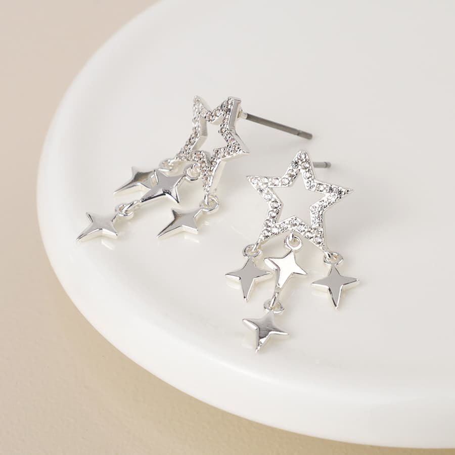 Silver plated crystal star and star drops earrings